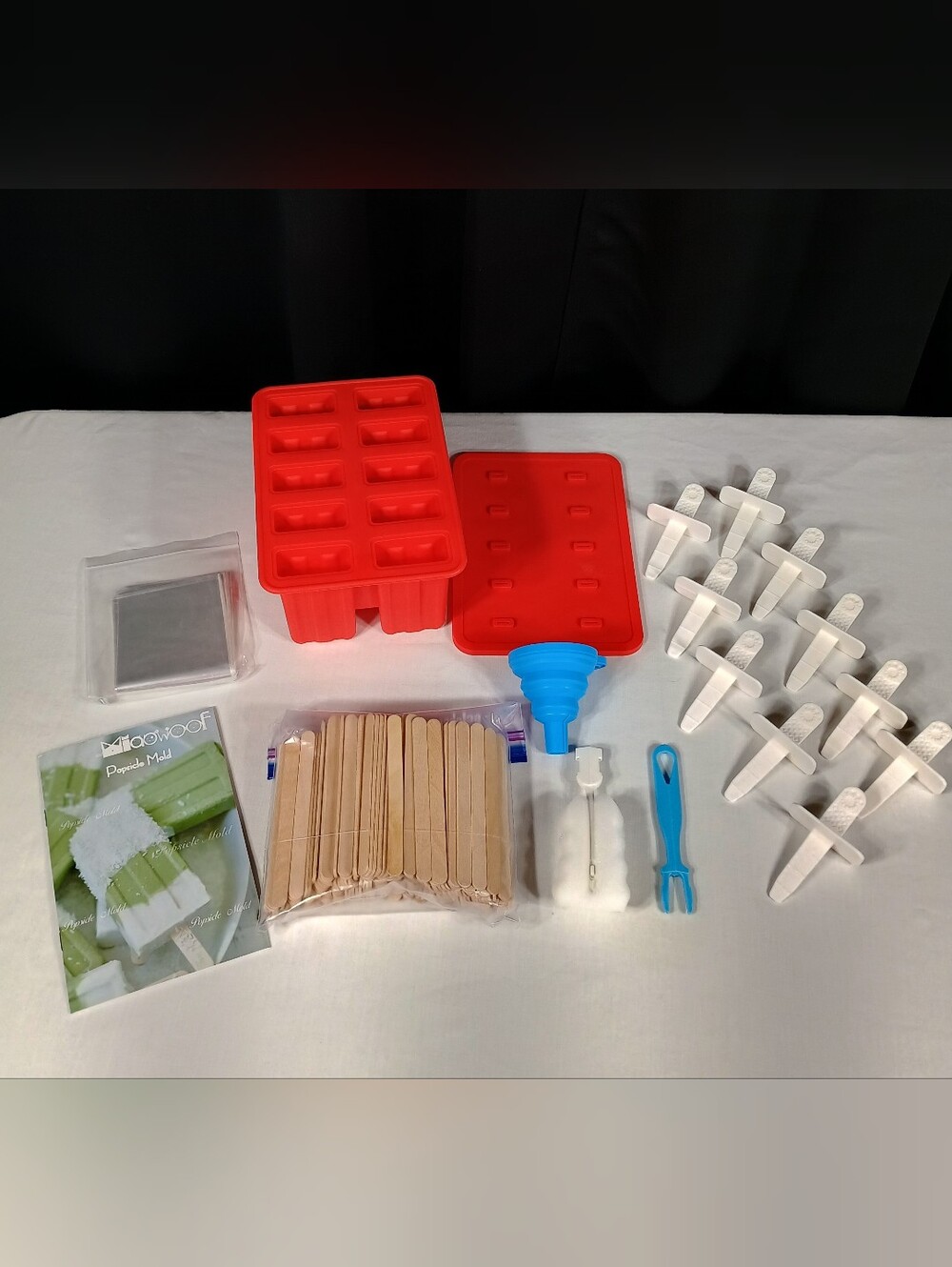 Red Silicone Popsicle Mold Set with White Holders & Blue Filling Funnel